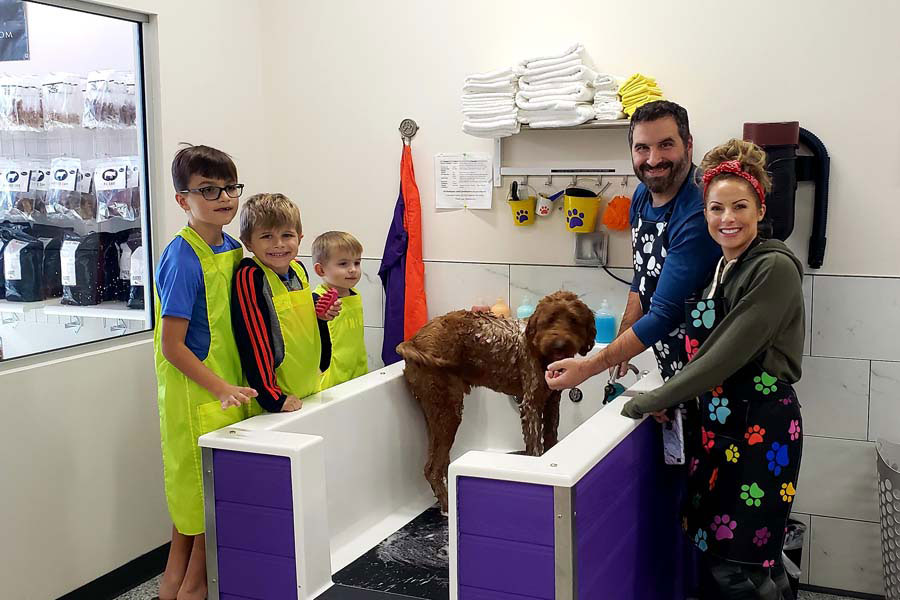 Family using self-service dog wash for small dog.