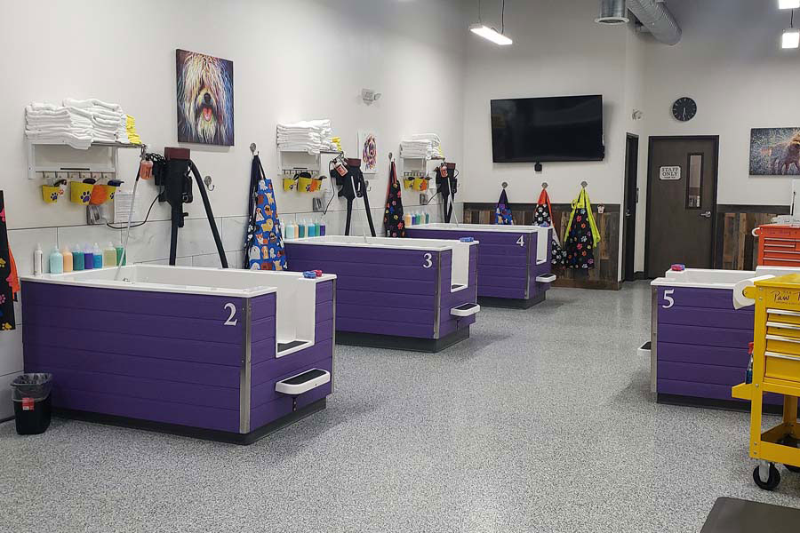 A view of all of the self-service dog washing stations
